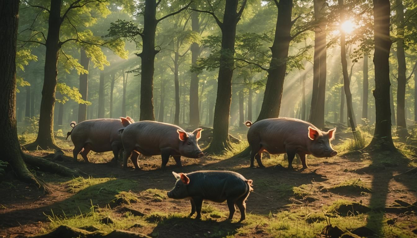 Pigs Foraging in a Sunny Oak Forest