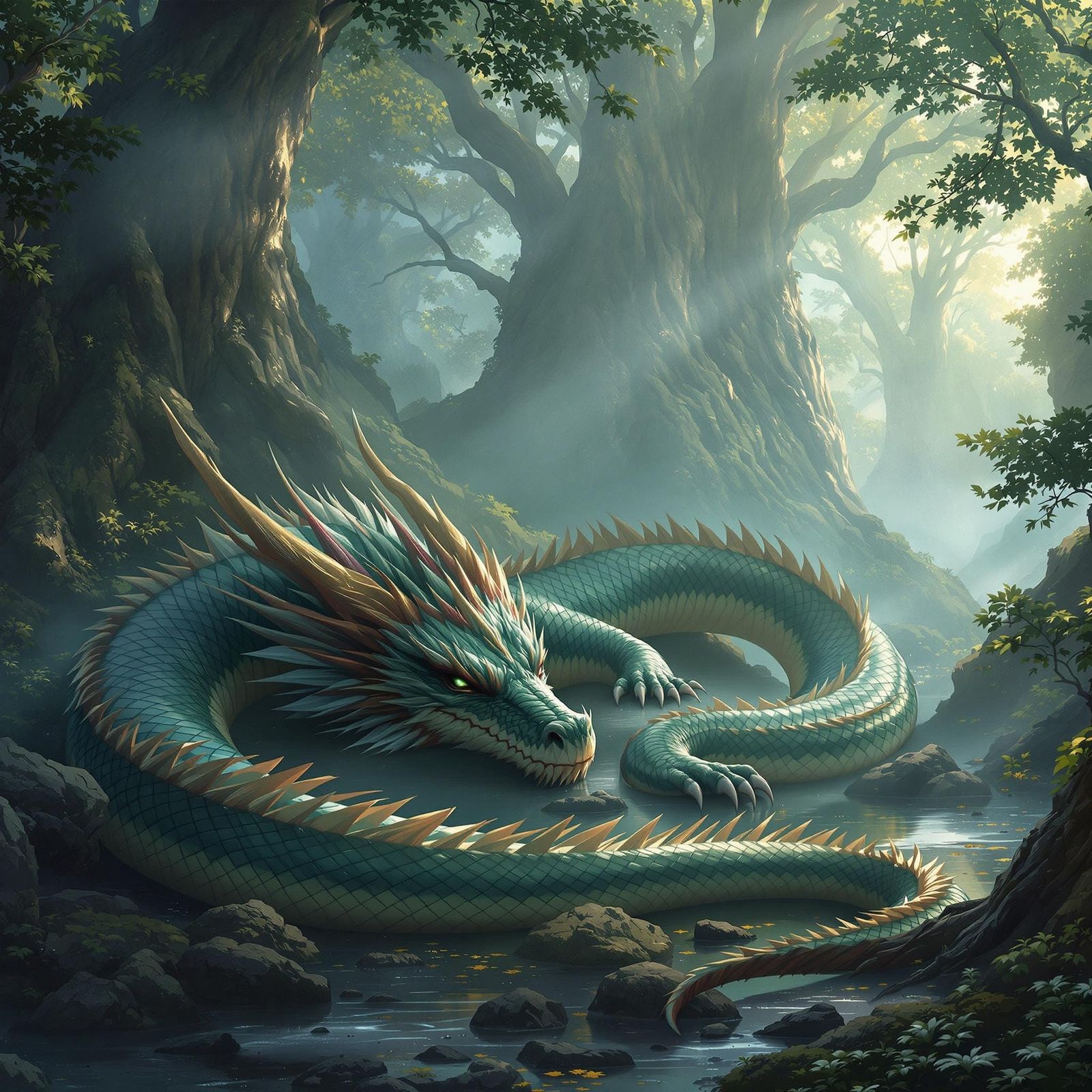 Majestic Dragon in Lush Fantasy Landscape