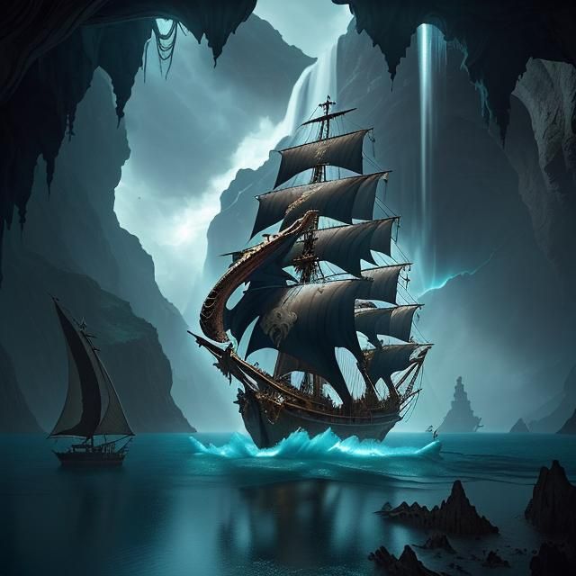 Galleon and Sea Serpent in Fantasy Cavern