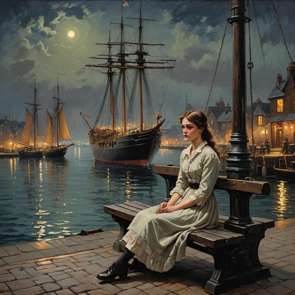 Victorian Harbor Scene with Girl, Oil Painting