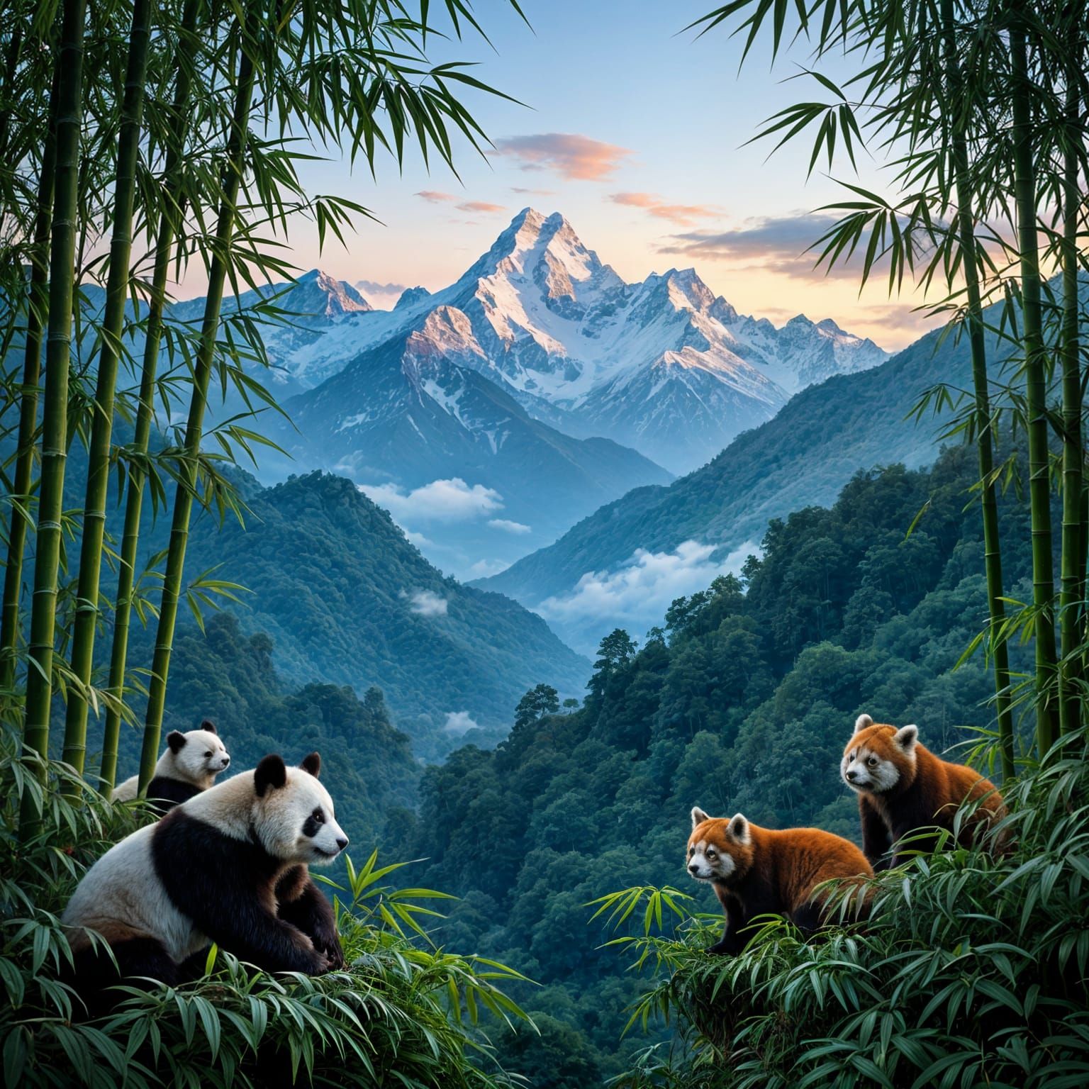 Pandas and Snow Leopards in a Mountain Landscape