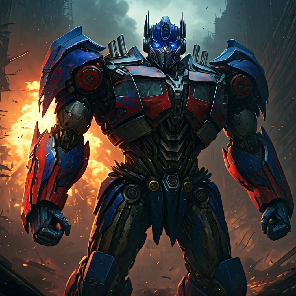 Cybertronian Warrior Triumphant in Ravaged Cityscape