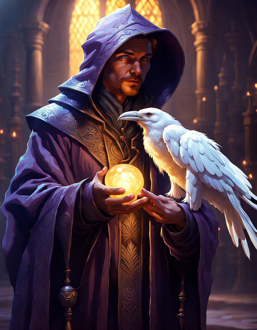 Young Wizard with Raven: Dark Fantasy Art
