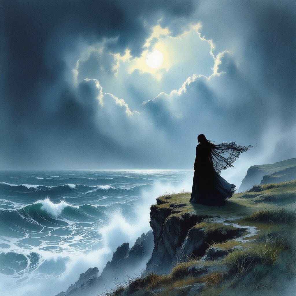 Gothic Watercolor Figure on Windswept Cliff