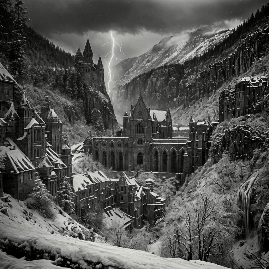 Snowy Abbey Overlooking Stormy Waterfall: Autochrome Photogr...