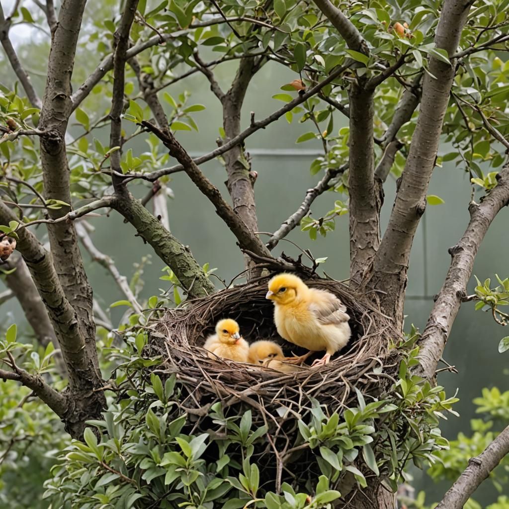 A baby chick ventures its noisy beak out of its nest hoping for food while its protecting nest is nestled in an ornament...