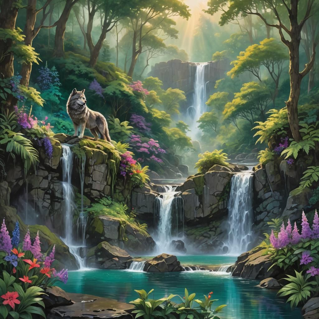 Waterfall Scene with Wolf in Detailed Matte Painting