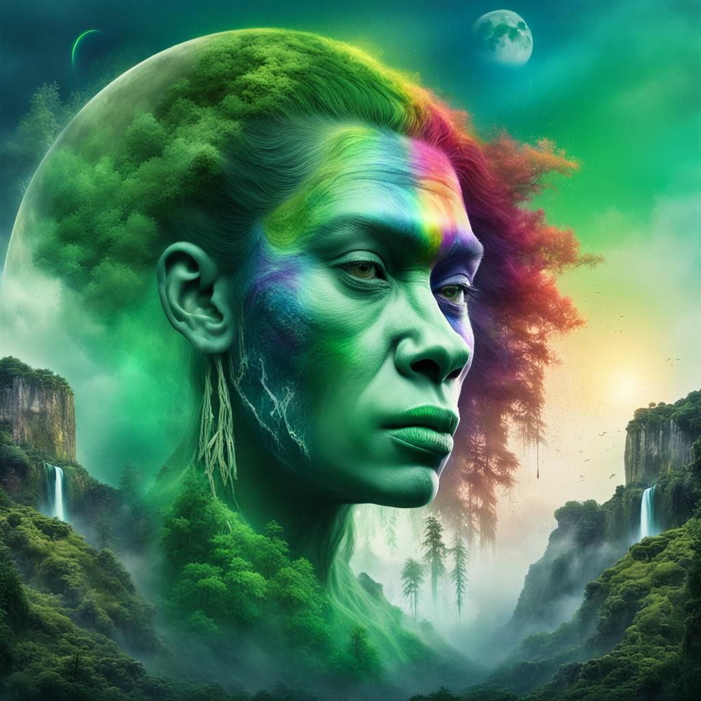 Gorilla Woman Hybrid in Rainbow Mist, Digital Art