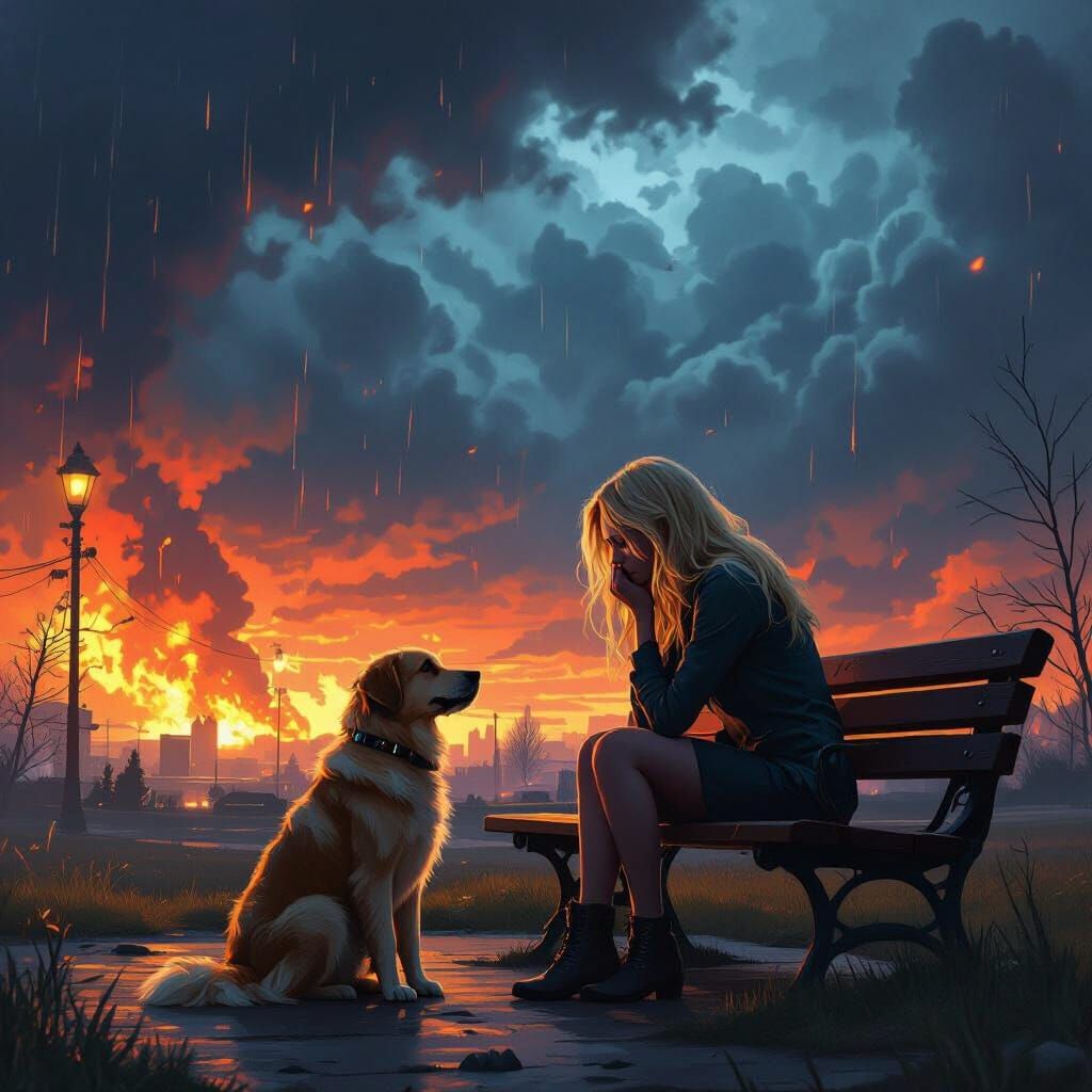 Dystopian Future Collapse: Woman and Dog Watch World Burn