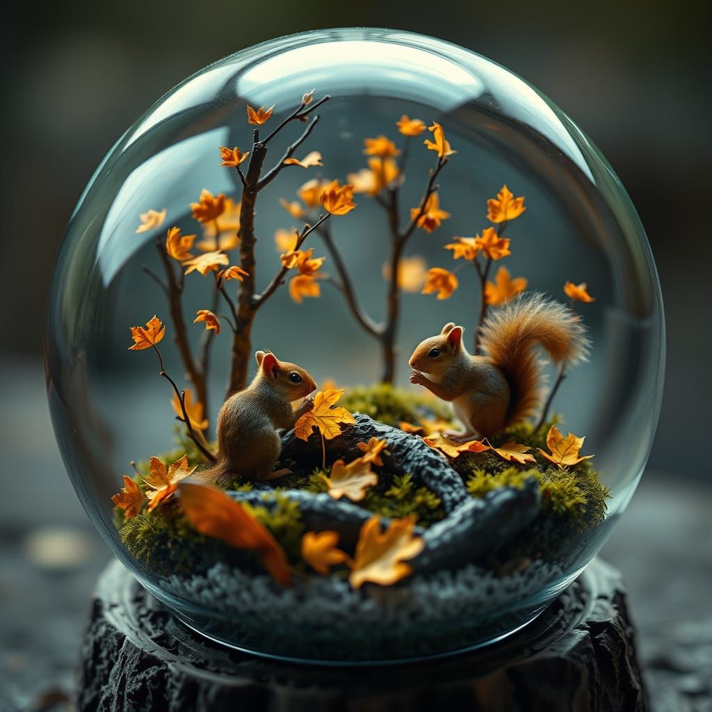 Squirrels Paint Autumn Leaves in Snowy Snow Globe