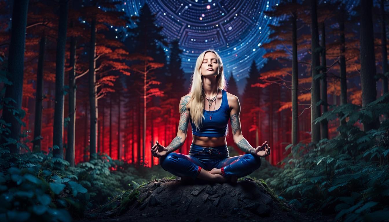 Blonde Woman Meditating Under Starry Night Sky