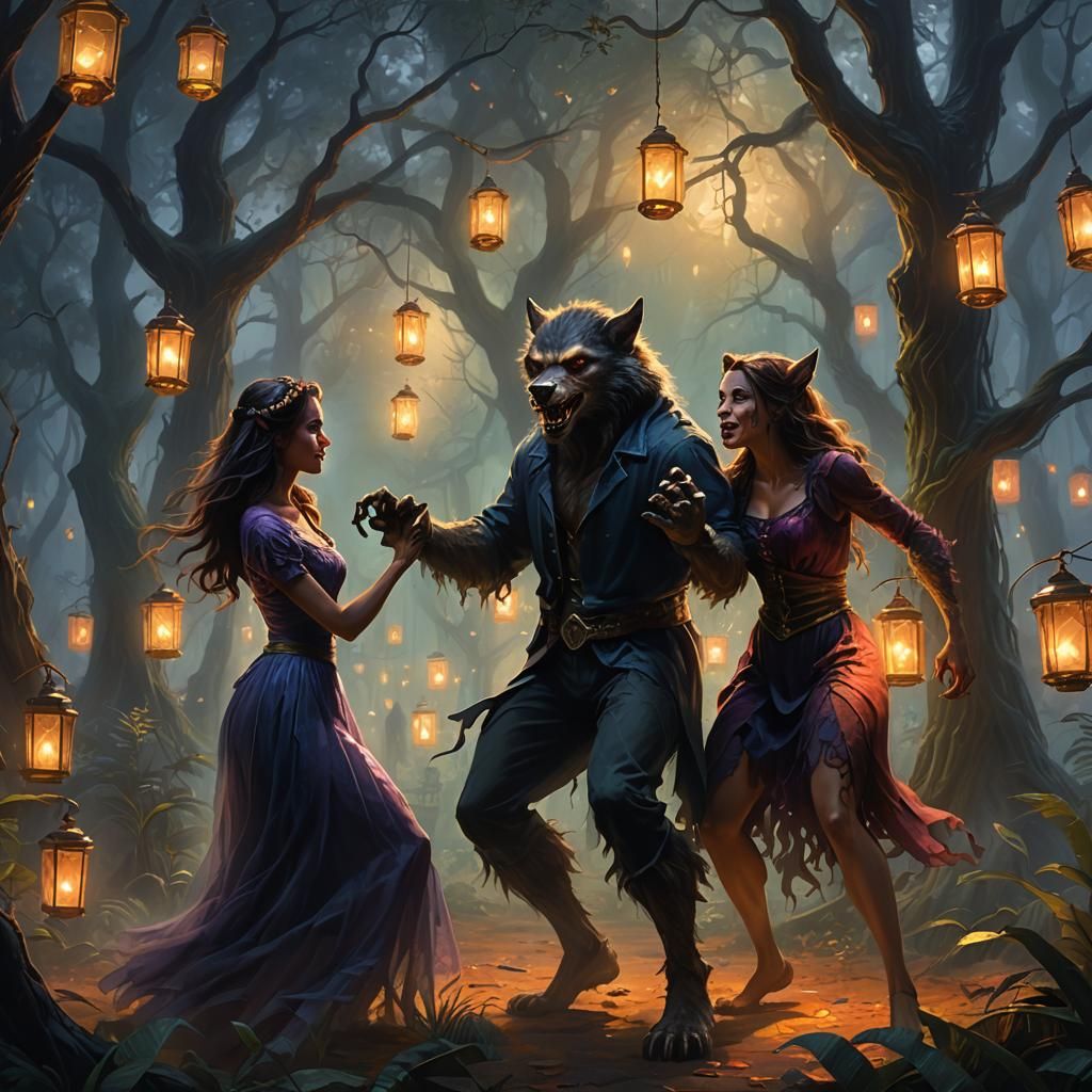 Werewolf and Girl Dancing in Misty Jungle