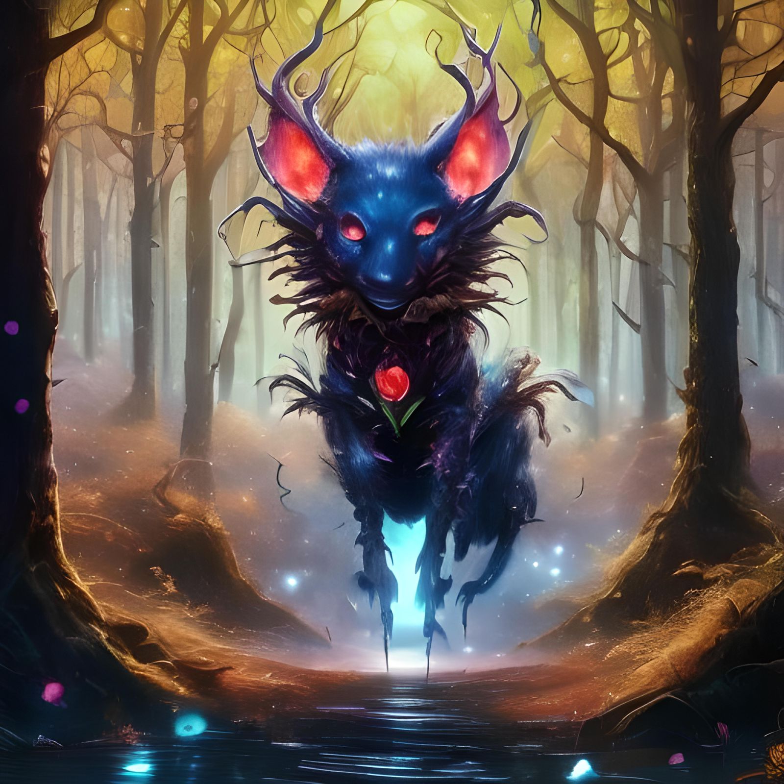 Enigmatic Witch Walks Forest Path Under Overarching Trees