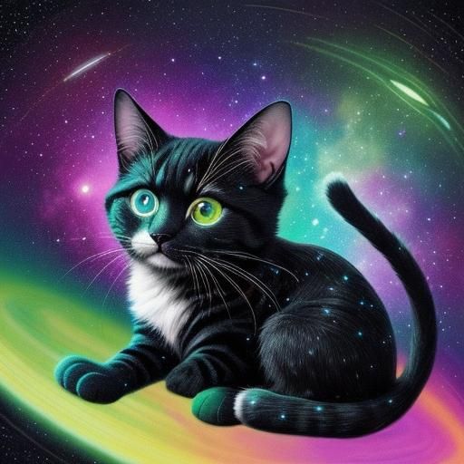 Cute lisa frank style art Cartoon Alien cat of the stars green fur and antenna but almost large black eyes slanted flyin...