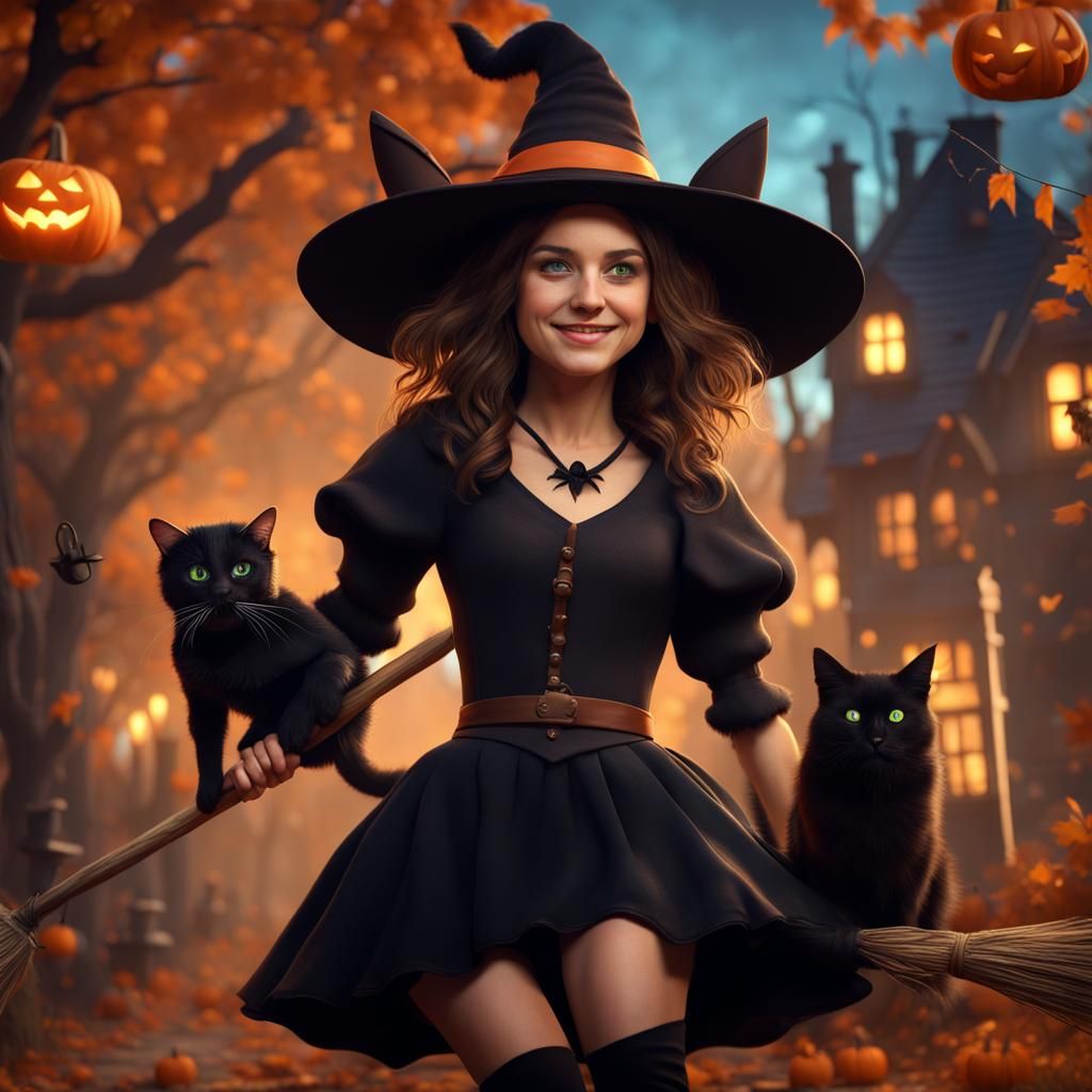 Halloween Girl with Cat in Detailed Matte Painting