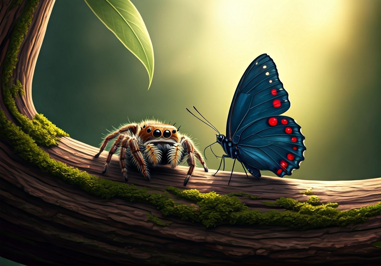 Fluffy Spider and Azure Butterfly on Branch