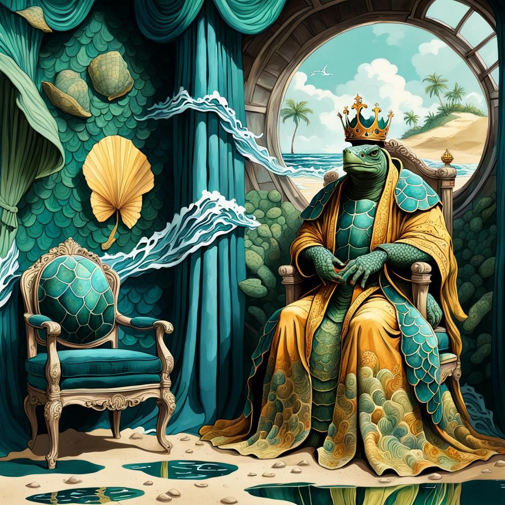 Crowned Turtle King on Magical Beach in Gouache