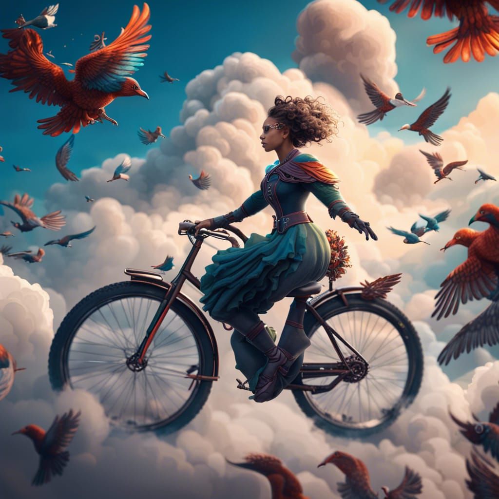 Woman Flies Bicycle Above Clouds: Fantasy Concept Art