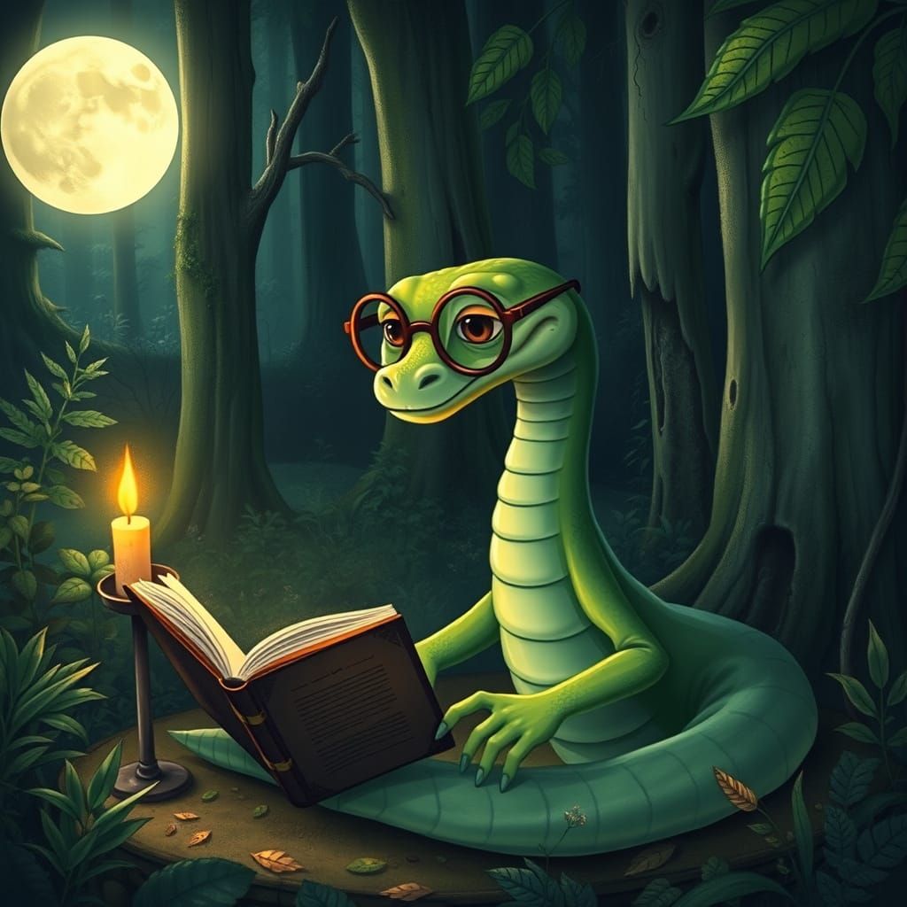 Green Snake Reads by Moonlight in Whimsical Style