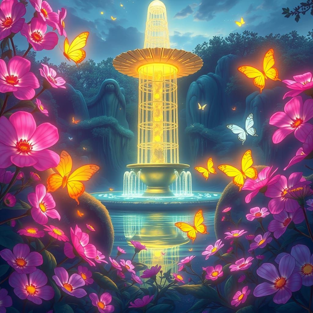 Bioluminescent Anime Garden with Golden Fountain