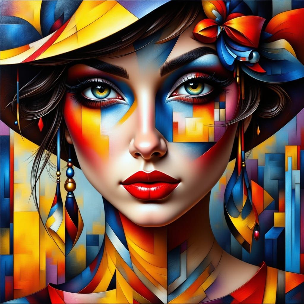 Fashion Model with Bold Cubist Makeup and Patterns
