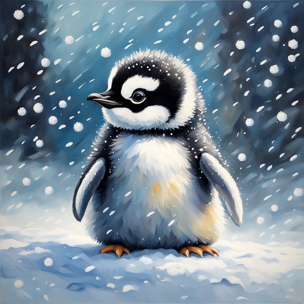 Cute Baby Penguin in Snow, Oil on Canvas