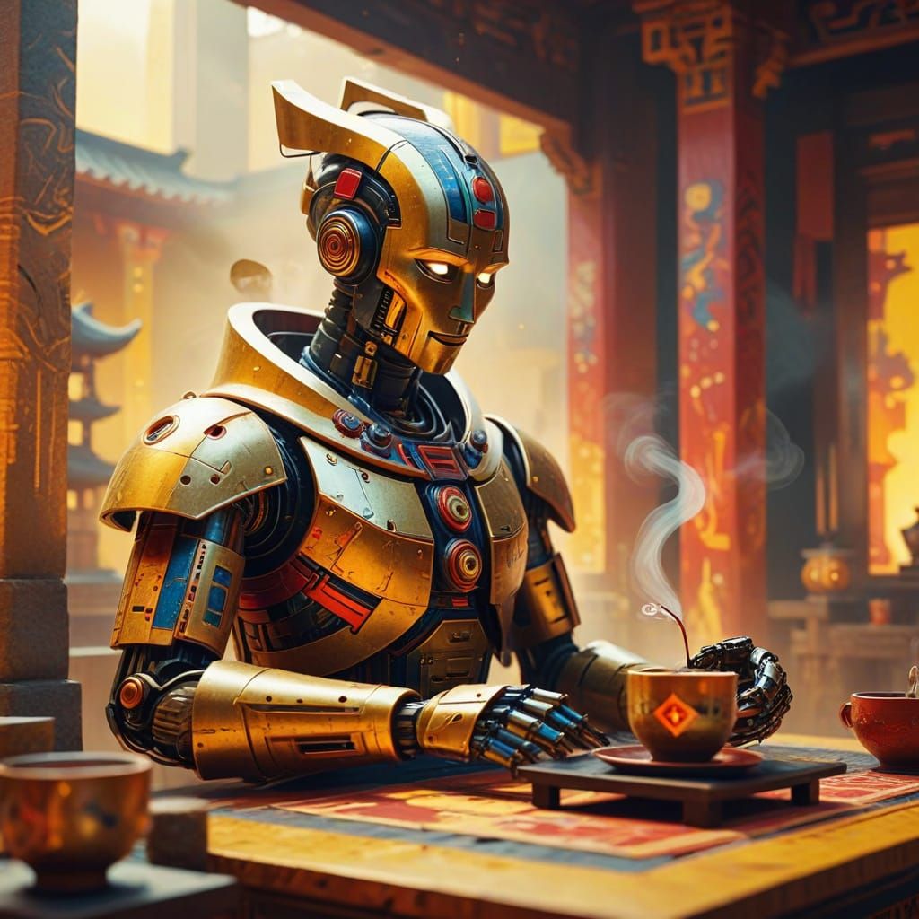 Abstract Robot Tea Ceremony in Kandinsky Style