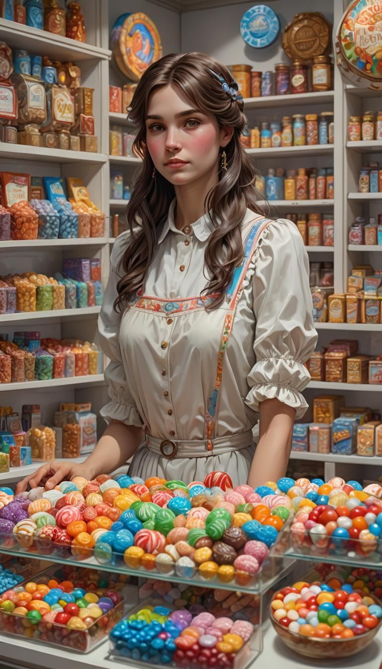 Nostalgic Candy Store Portrait in Art Nouveau Style