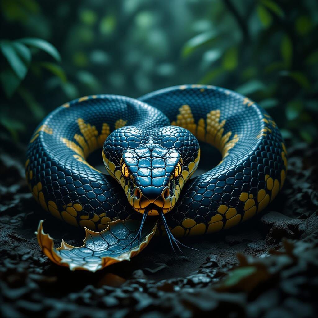 Venomous Snake Shedding Skin in Eerie Jungle Lighting