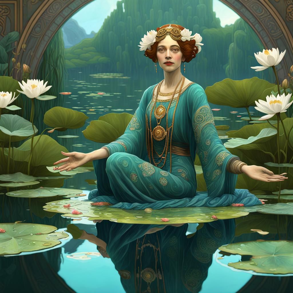 Woman Amongst Lily Pads in Art Nouveau Style