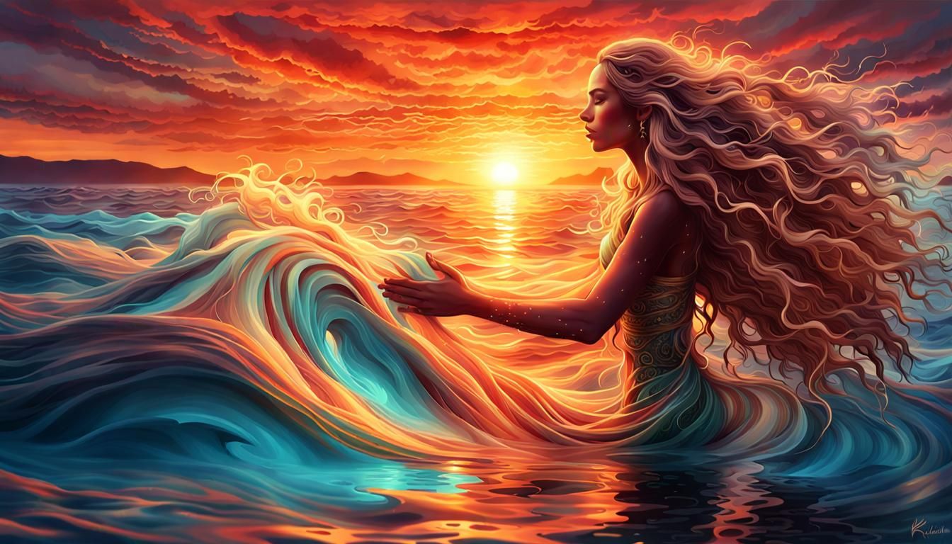 Dreamlike Digital Art of Woman at Sunset