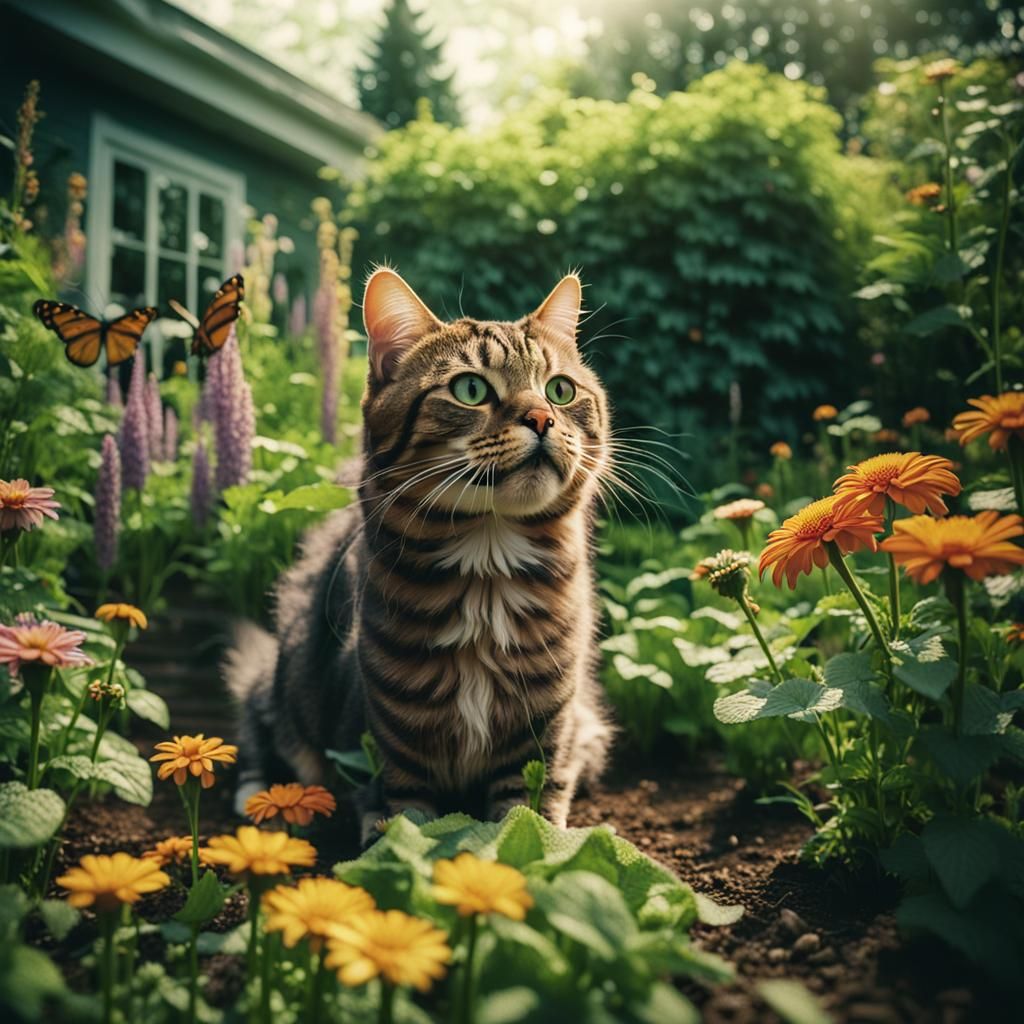 Gardening Cat in Lush Garden: Cinematic Film Still