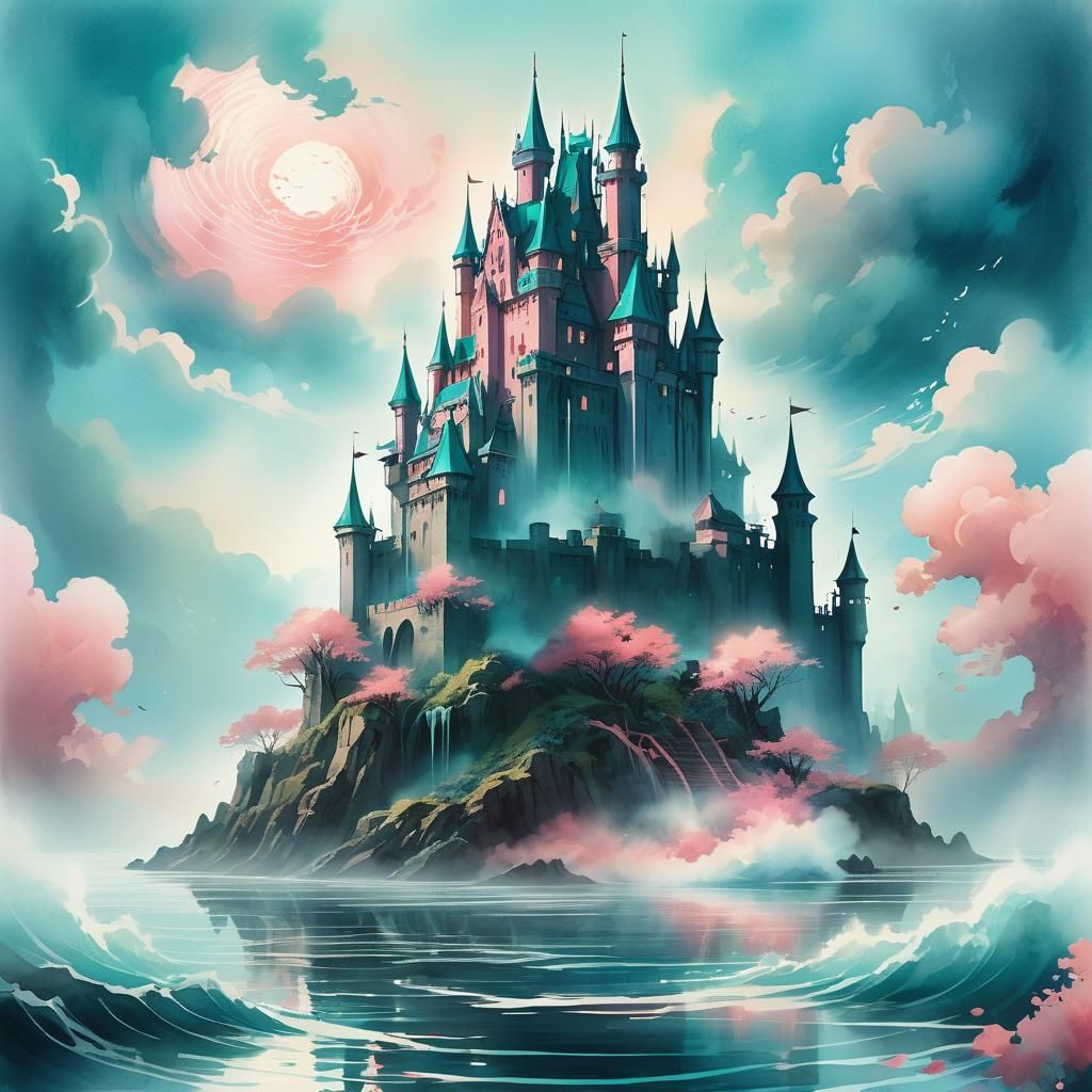Teal and Rose Castle with Monster: Fantasy Art