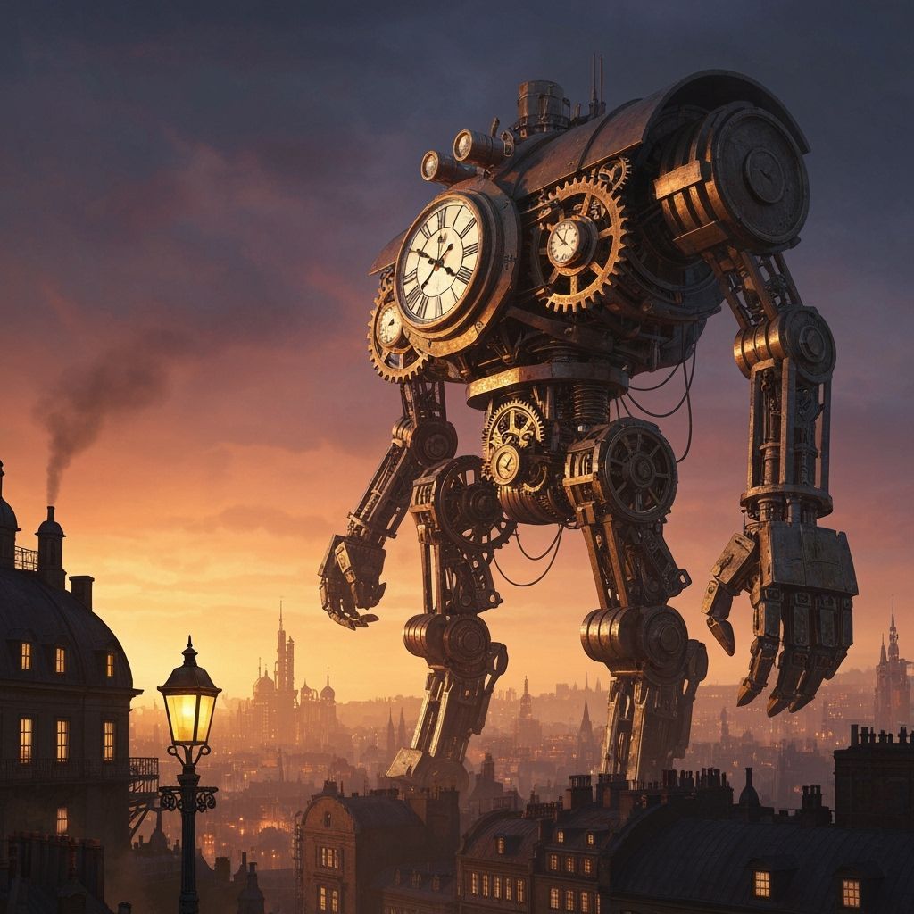 Colossal Clockwork Automaton in Steampunk Metropolis