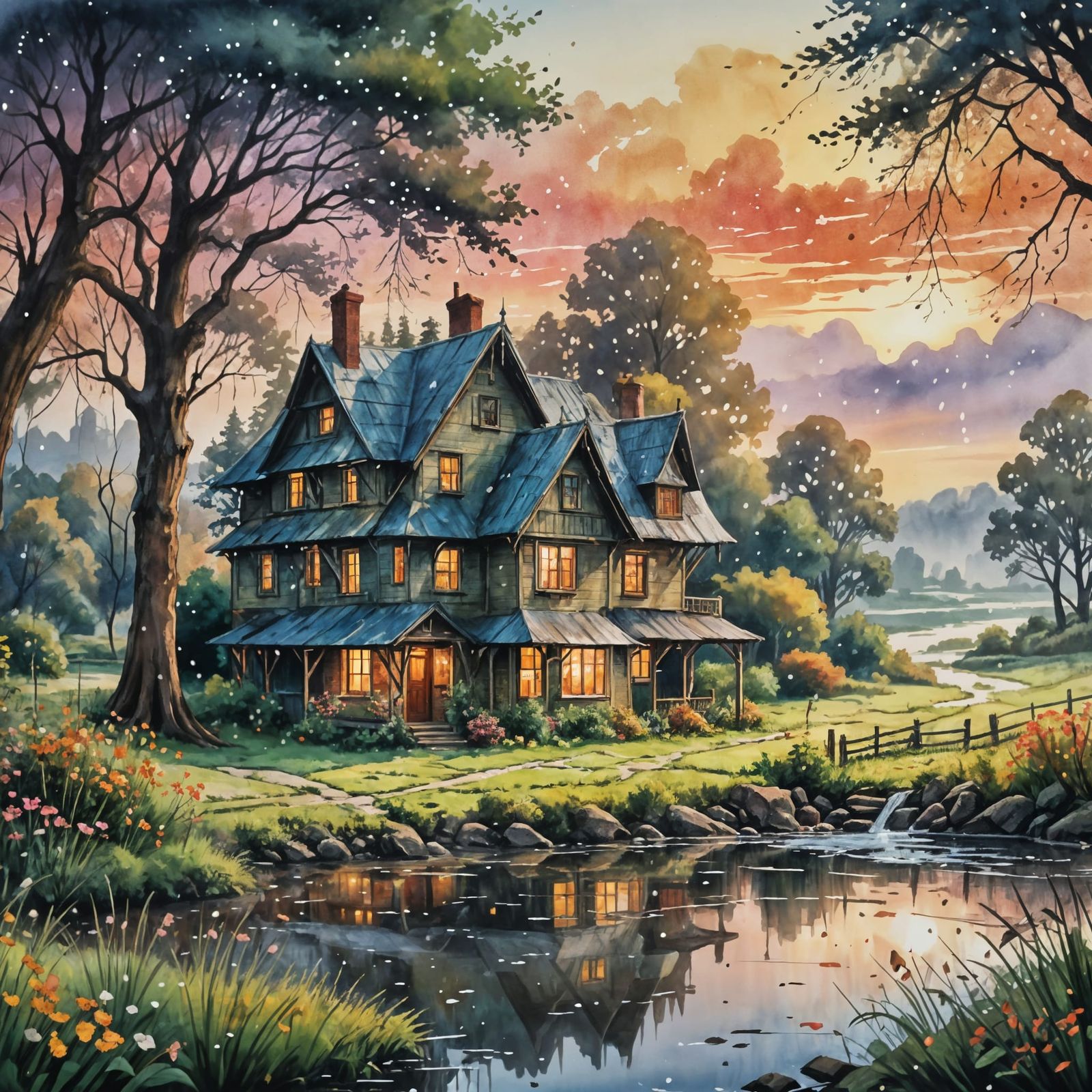 Vibrant Watercolor Wonderland with Splashes of Morning Dew