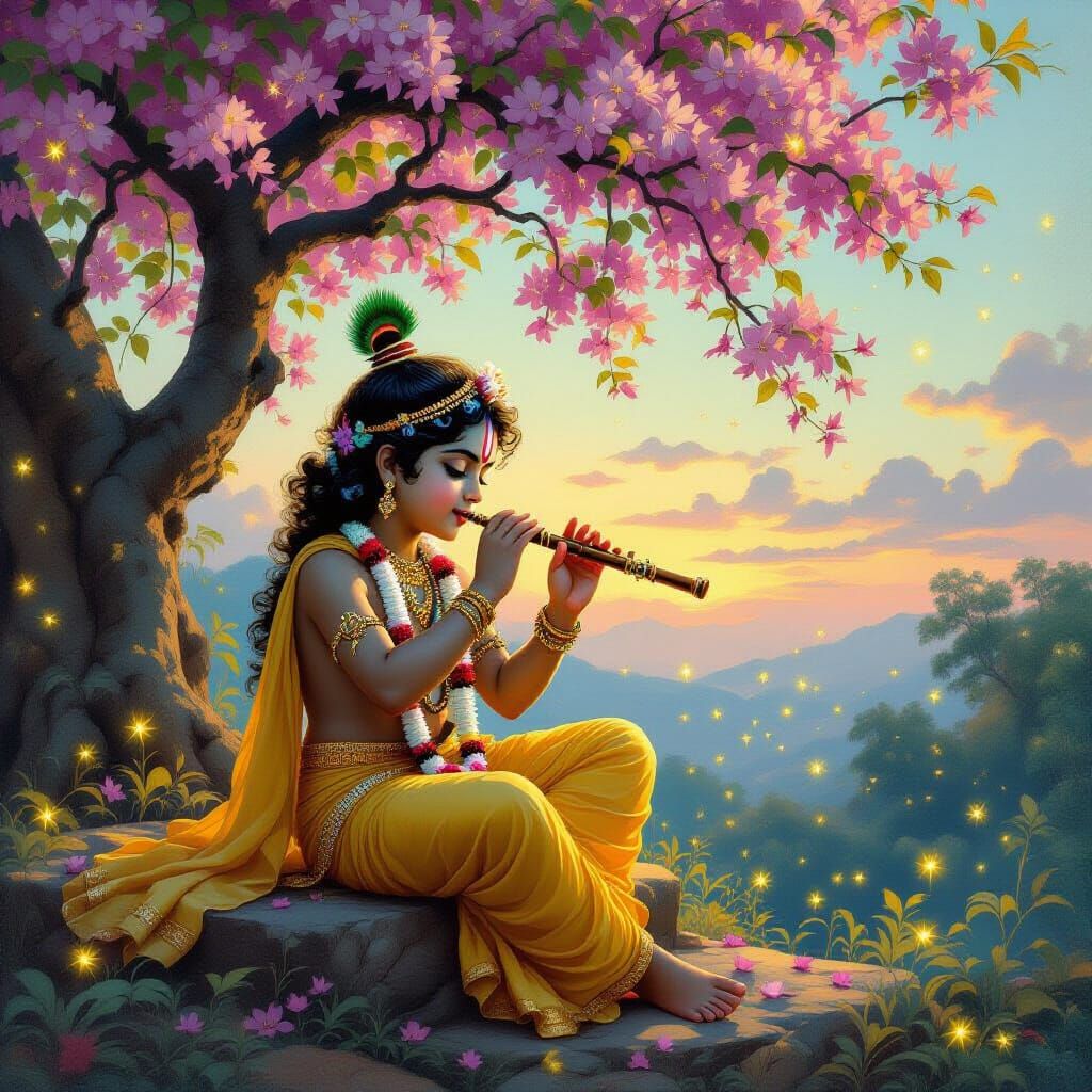 Krishna's Flute Song at Dusk: An Ethereal Indian Folk Art