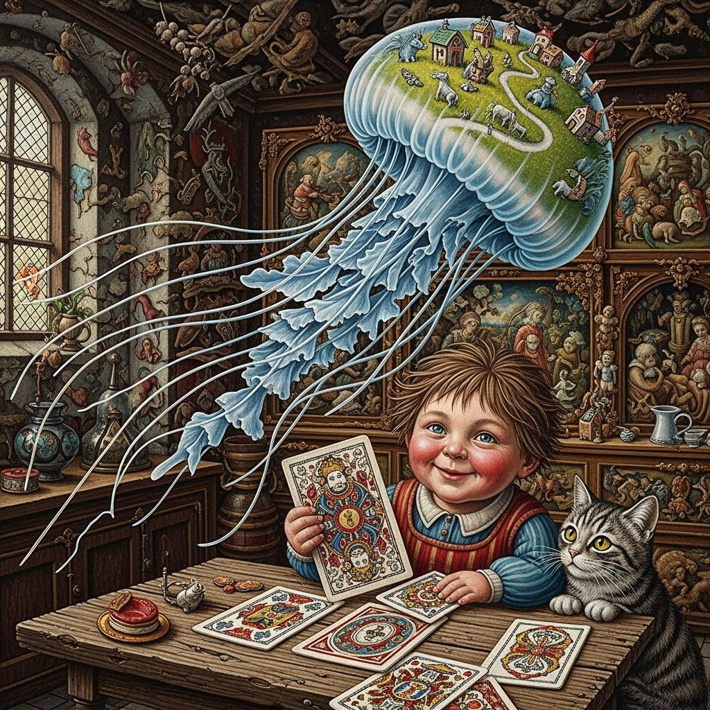 Surreal Jellyfish Zoo Over Child Playing Cards