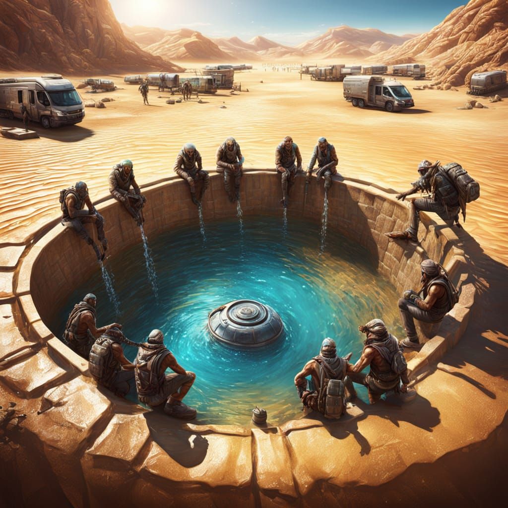 Alien Nomads at Oasis Well in Cinematic Realism