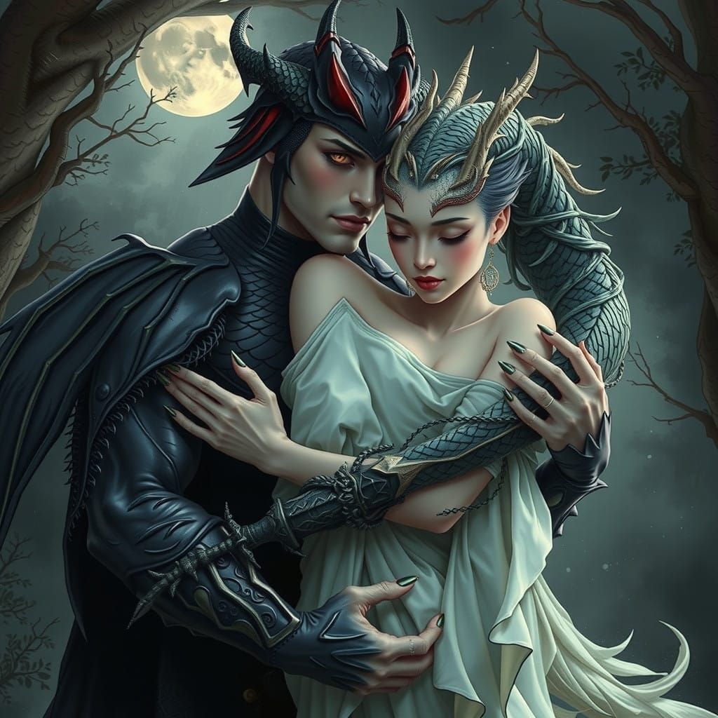 A handsome Demon King embraces a pale-skinned lithe beautifu...
