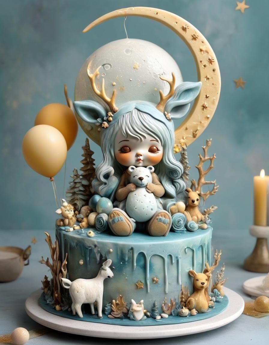 Dreamlike Deer-Girl with Cake in Ethereal Style