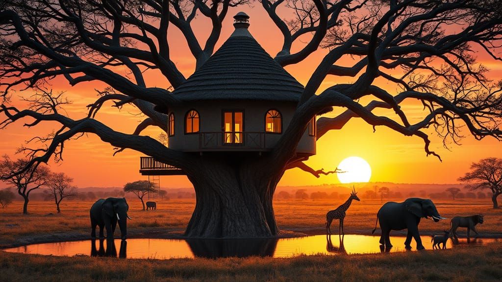 African Treehouse at Sunset in Hyperrealistic Detail