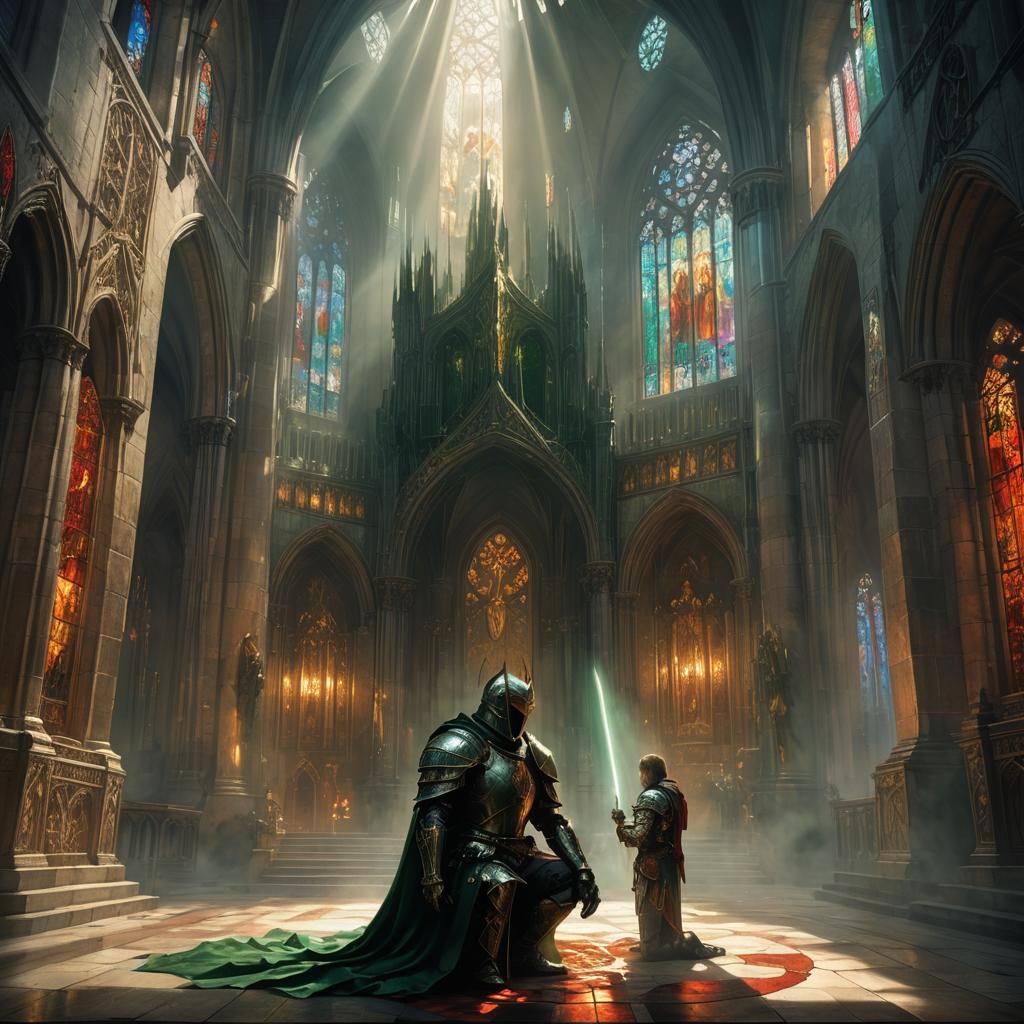 Knight Kneeling Before Lucifer in Cathedral