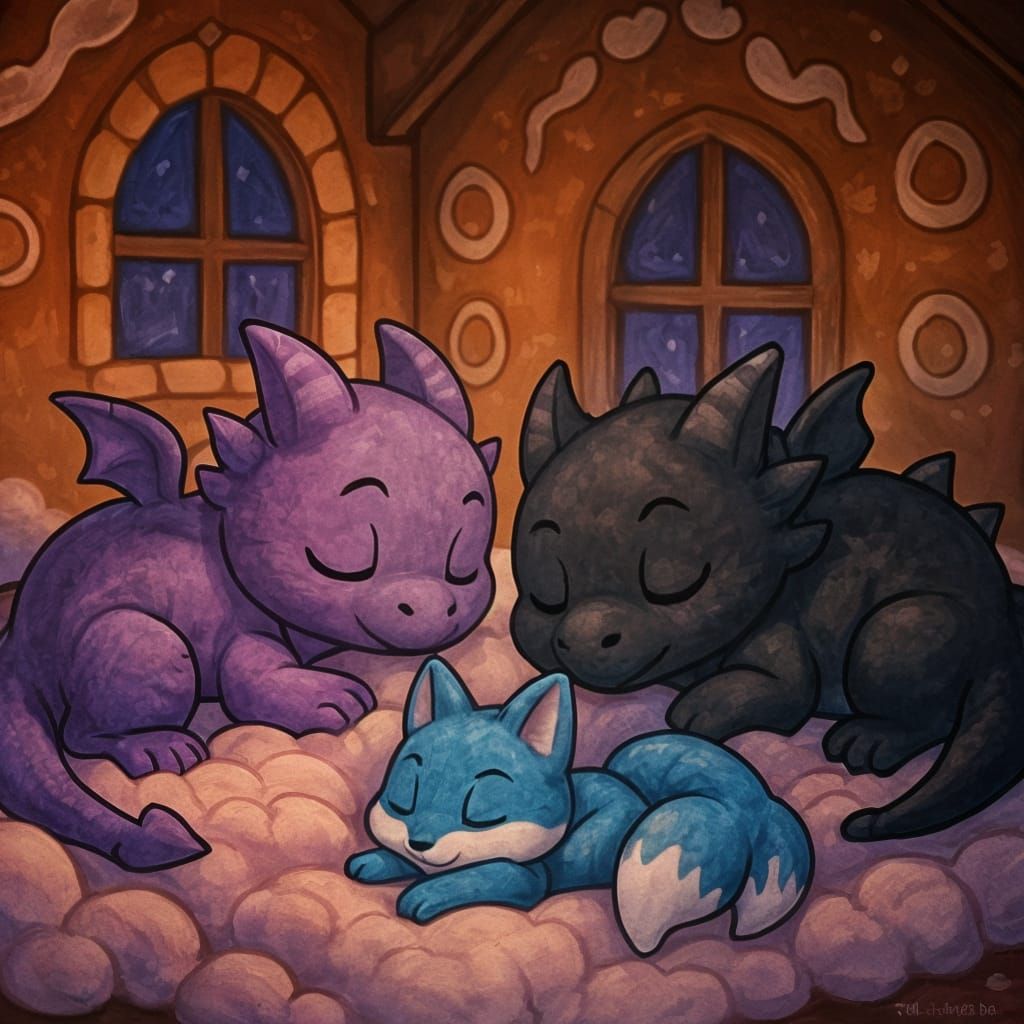 Chibi Dragons and Fox Sleeping in Gingerbread House