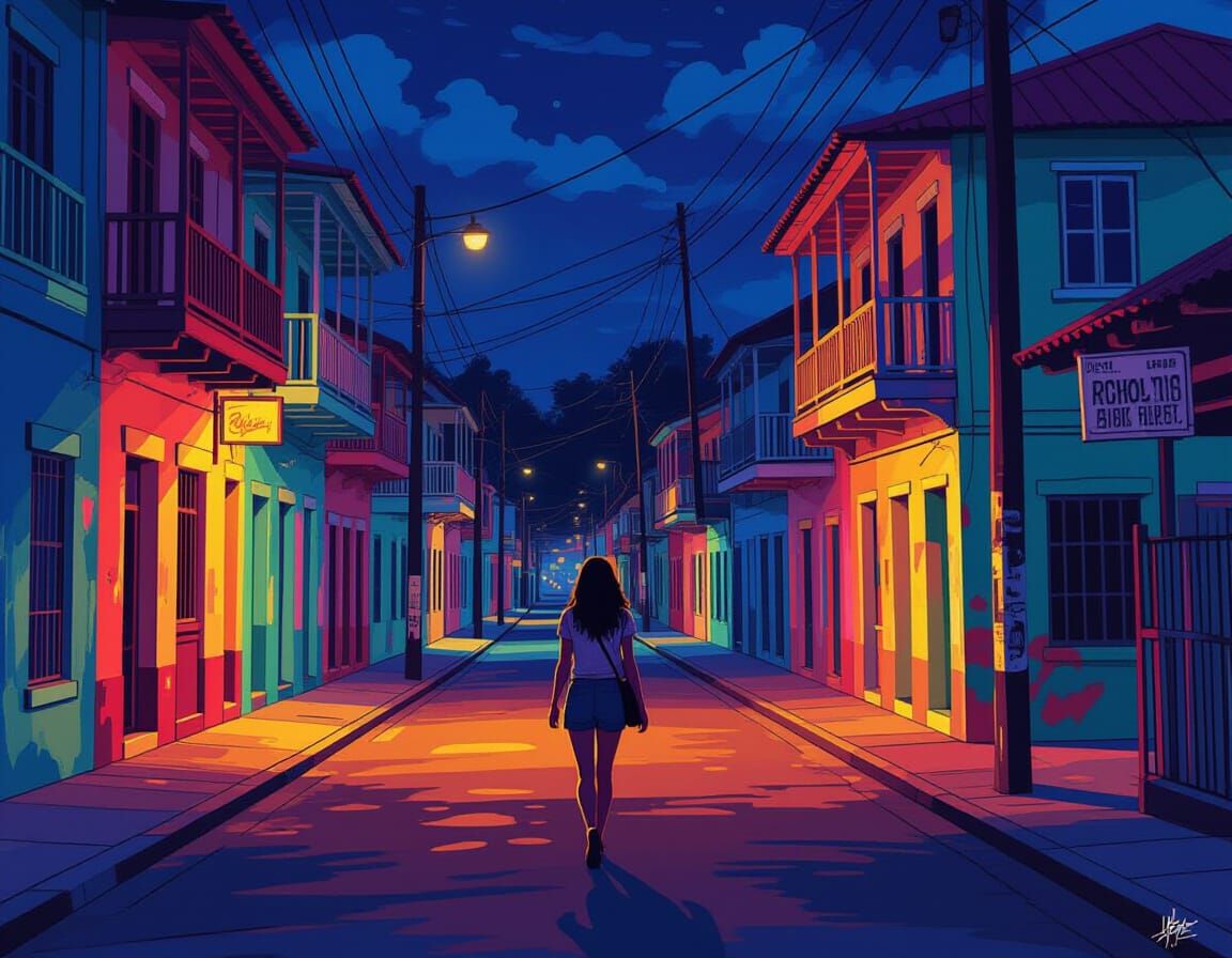 Trinidad Night Scene with Vibrant Street Art