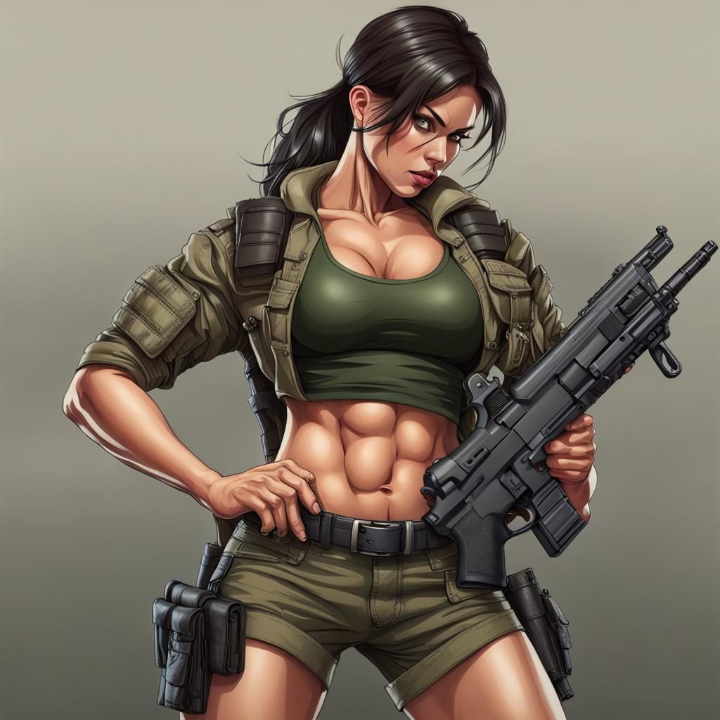 Close View of Muscular Woman Soldier with Gun