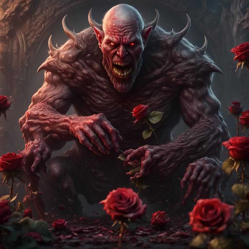Demonic Giant's Rose Feast: Detailed Digital Art