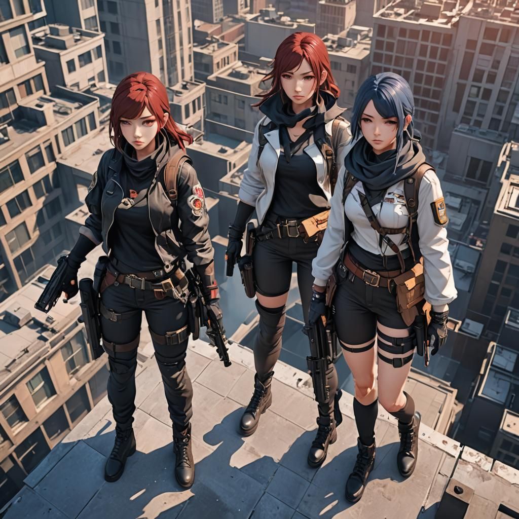Anime-Inspired 3D Art: Four Armed Women Overlook City