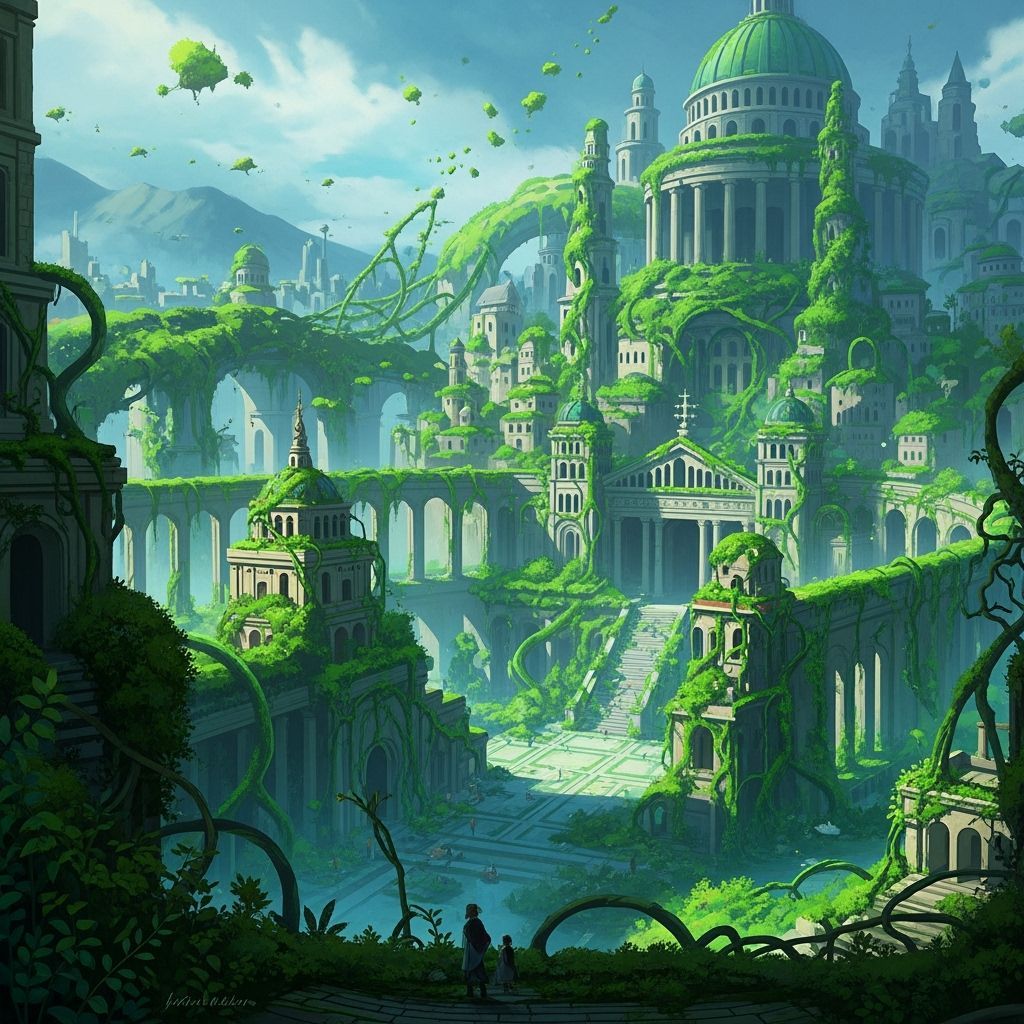 Cityscape Reclaimed by Nature in Whimsical Style