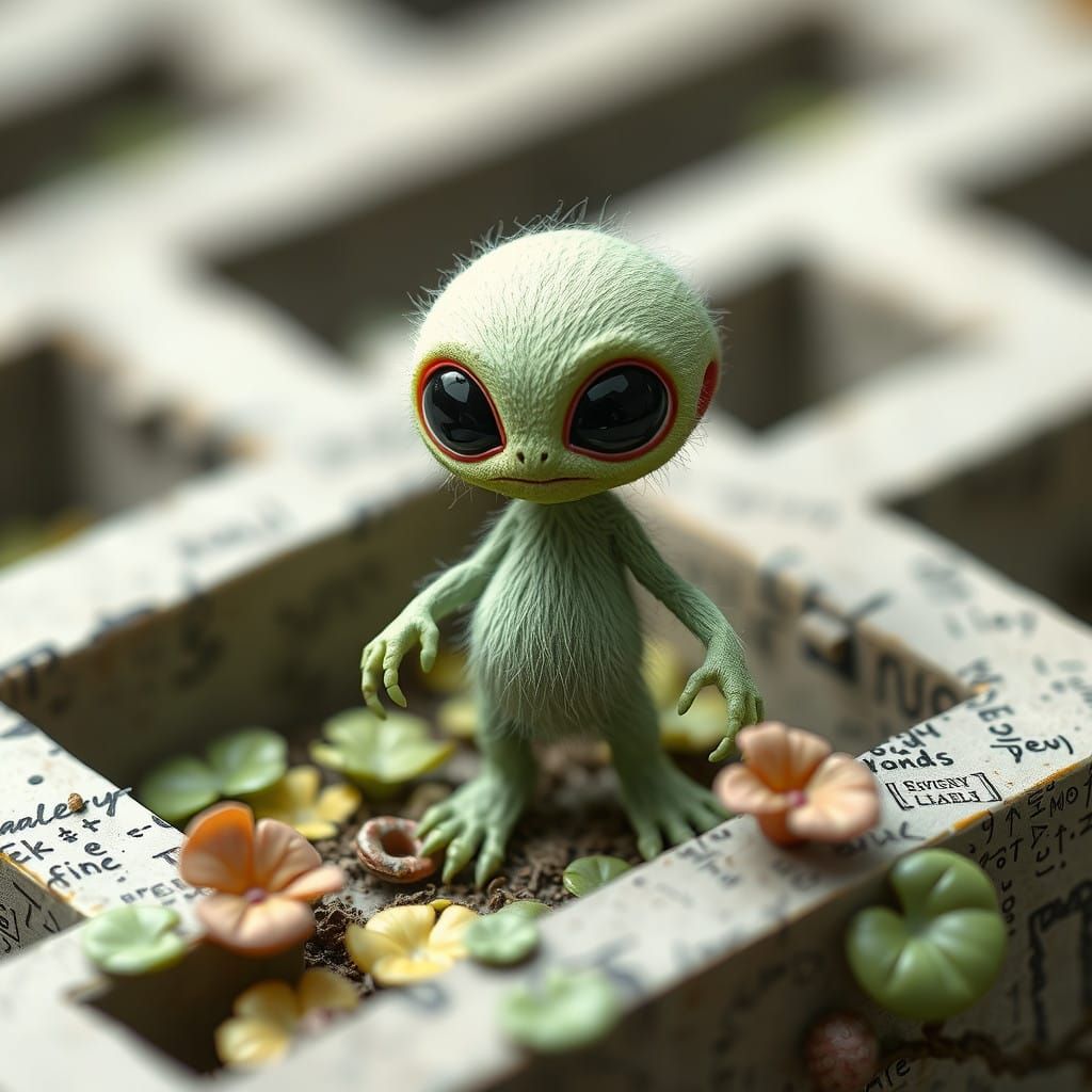Whimsical, Furry Alien Entity in a Lomo-Style Maze