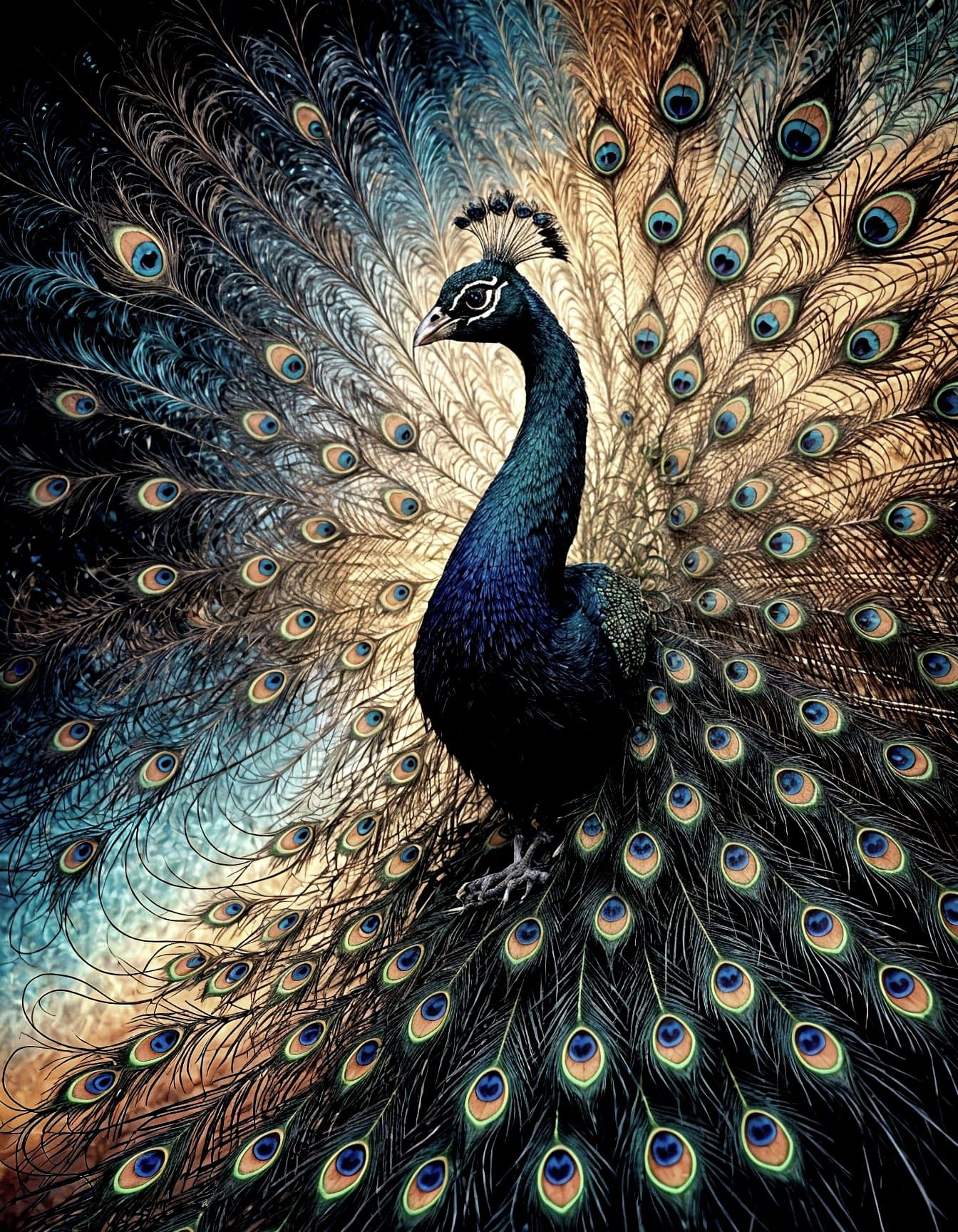 Black Peacock with Fractal Feathers Extend into the Sky